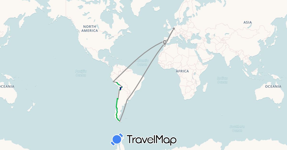 TravelMap itinerary: driving, bus, plane, train, hiking, boat in Argentina, Belgium, Bolivia, Chile, Spain, Morocco, Peru (Africa, Europe, South America)